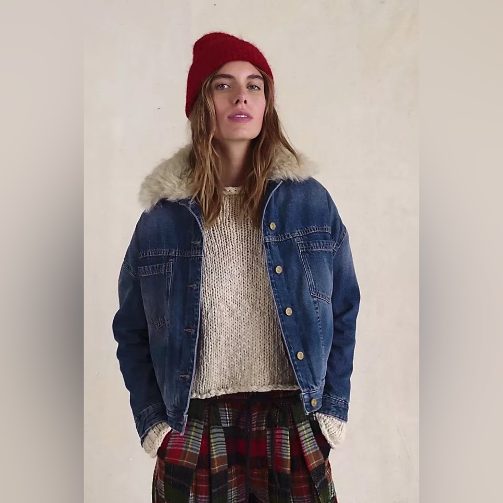 NWT Free People Opal Swing Faux Fur Collar Denim Jacket - Picture 3 of 6